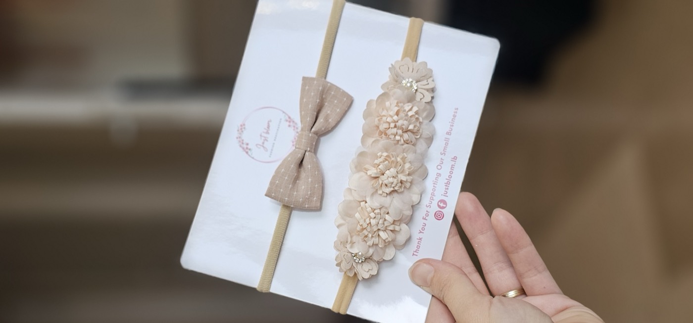Beige floral baby headband with pearls