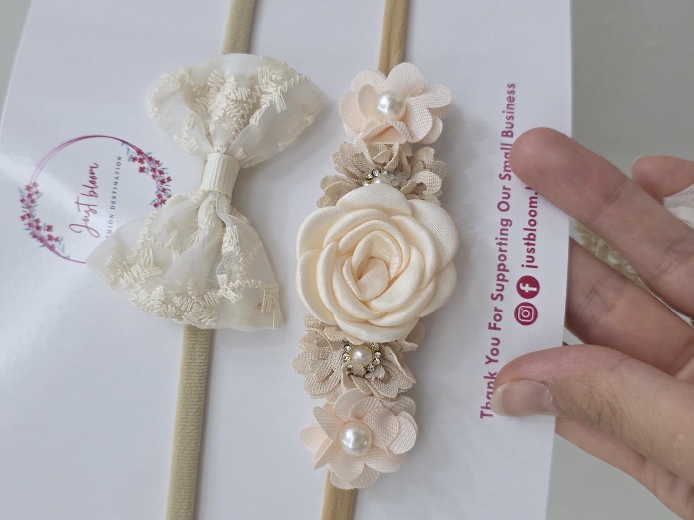 Rose beige floral baby headband 