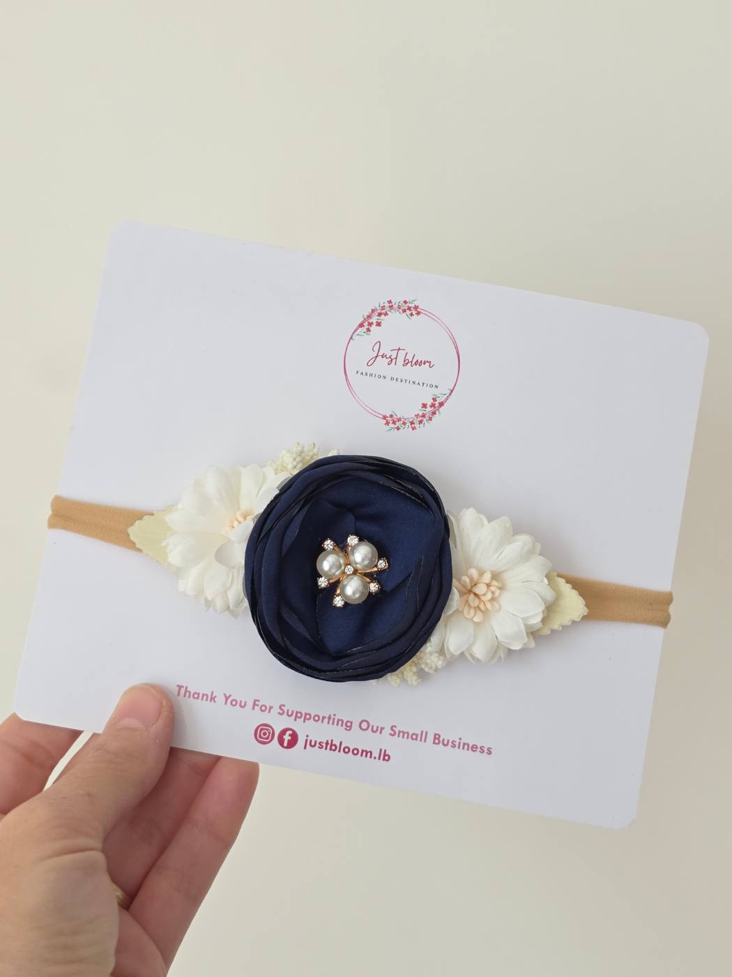 Navy floral baby headband with pearls 