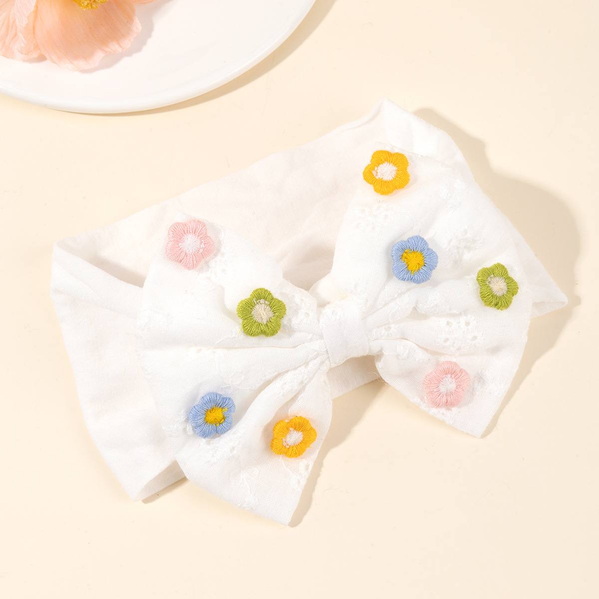 White Big Bow Baby headband with multicolored flowers 
