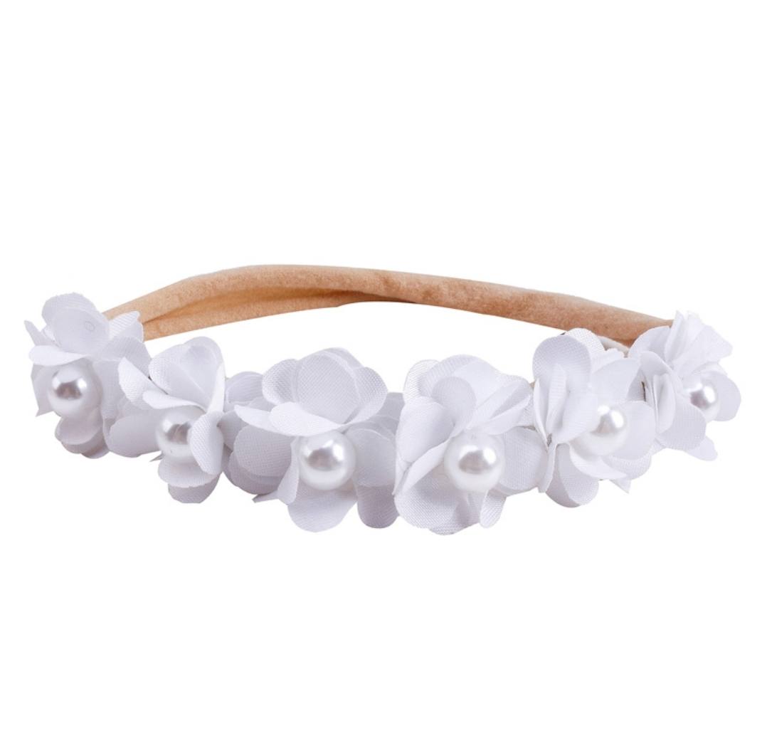 White floral baby headband with pearls