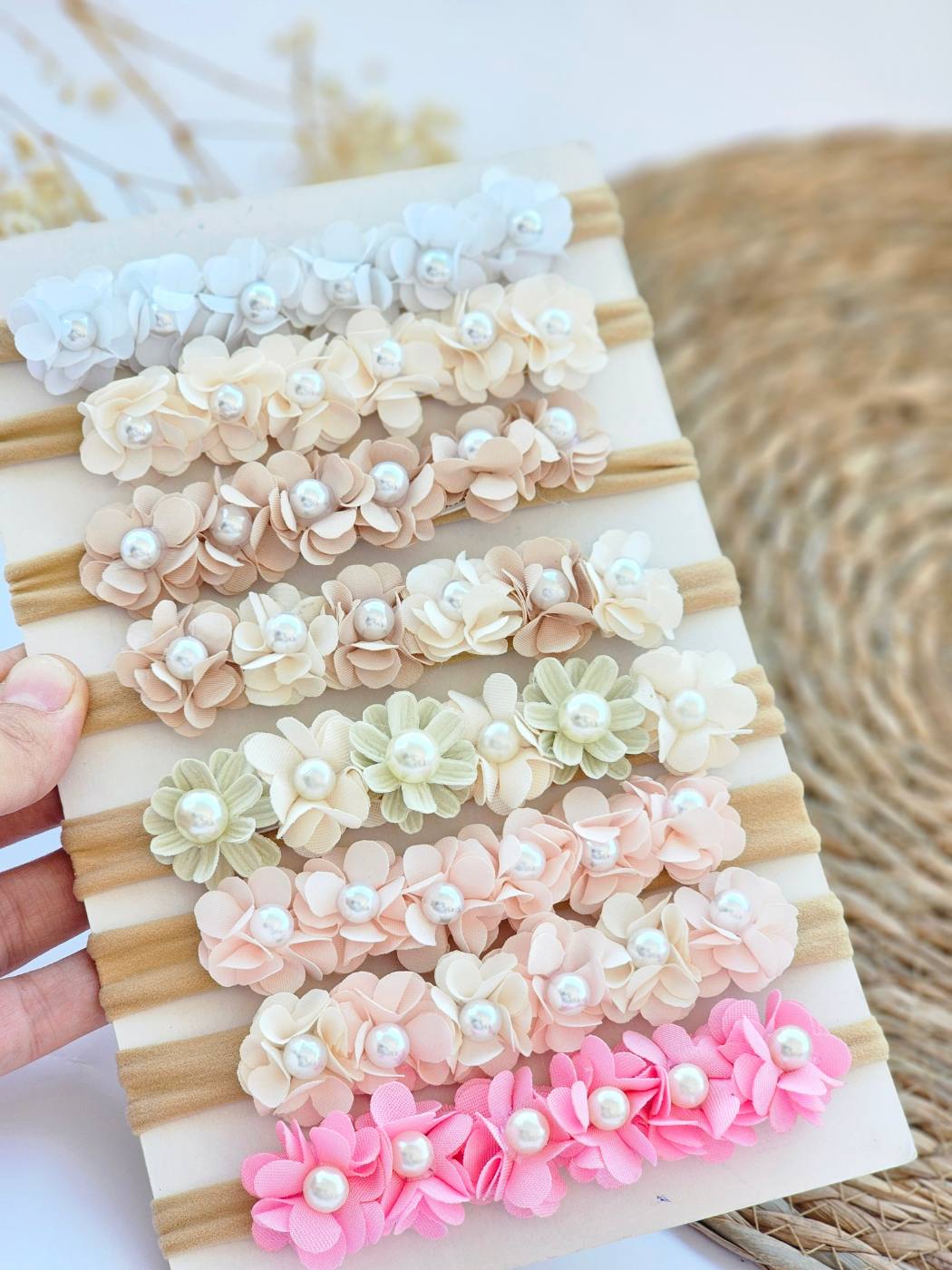 White floral baby headband with pearls