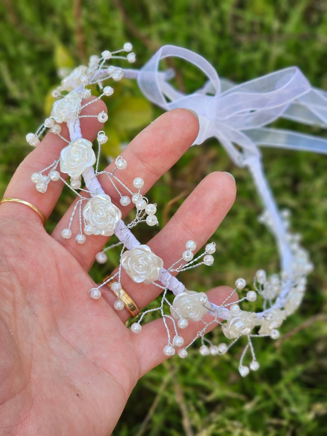 1pc White Flower Crown With Pearls 