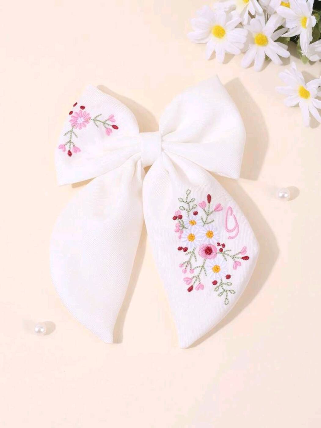 1pc Embroidered Ribbon Bow Hair Clip 