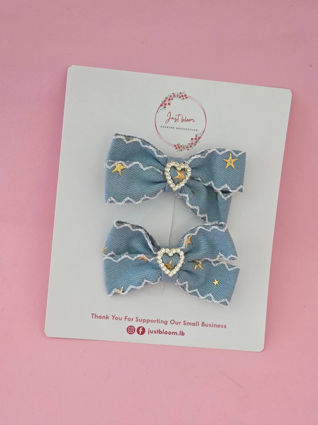 2pcs Light Denim Bow Hair Clip With Heart Crystals 