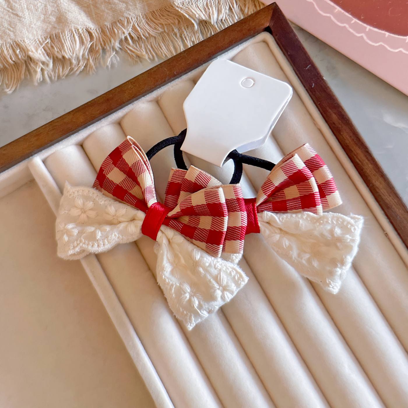 2pc Red Squares Bow Hair Ties 