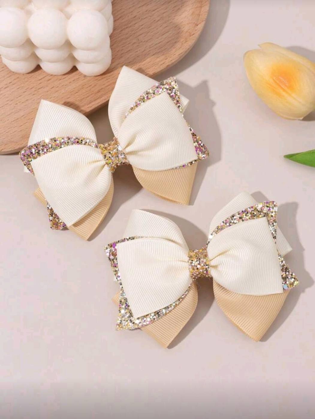 2pc Offwhite And Beige Bow Hair Clip 