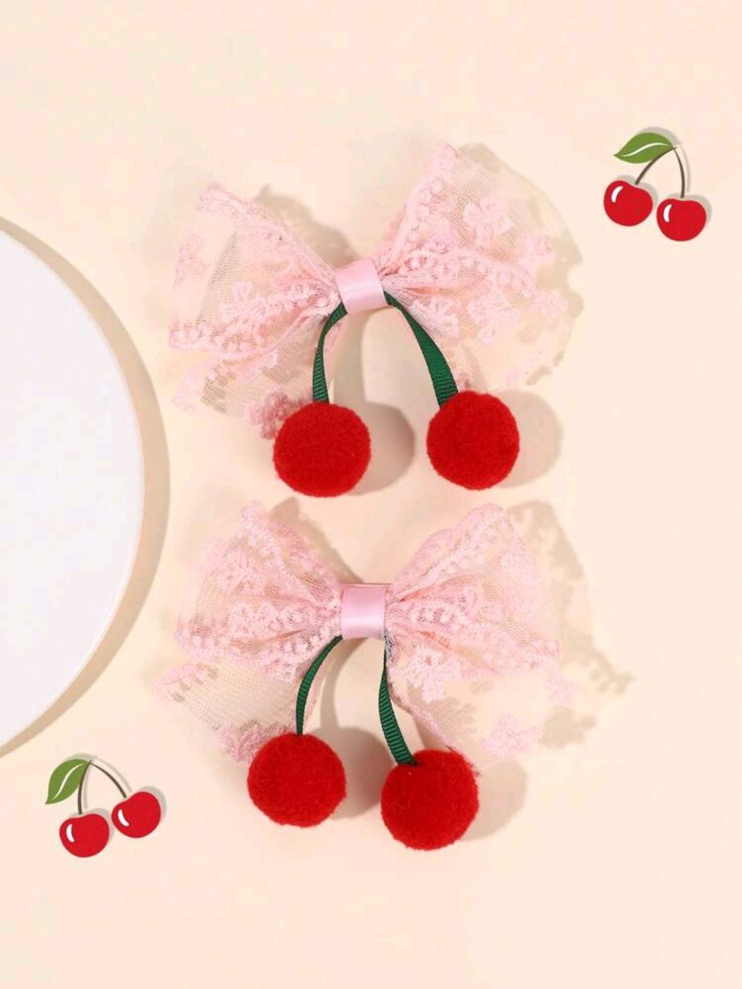 2pcs Pink Bow Cherry Hairclip 