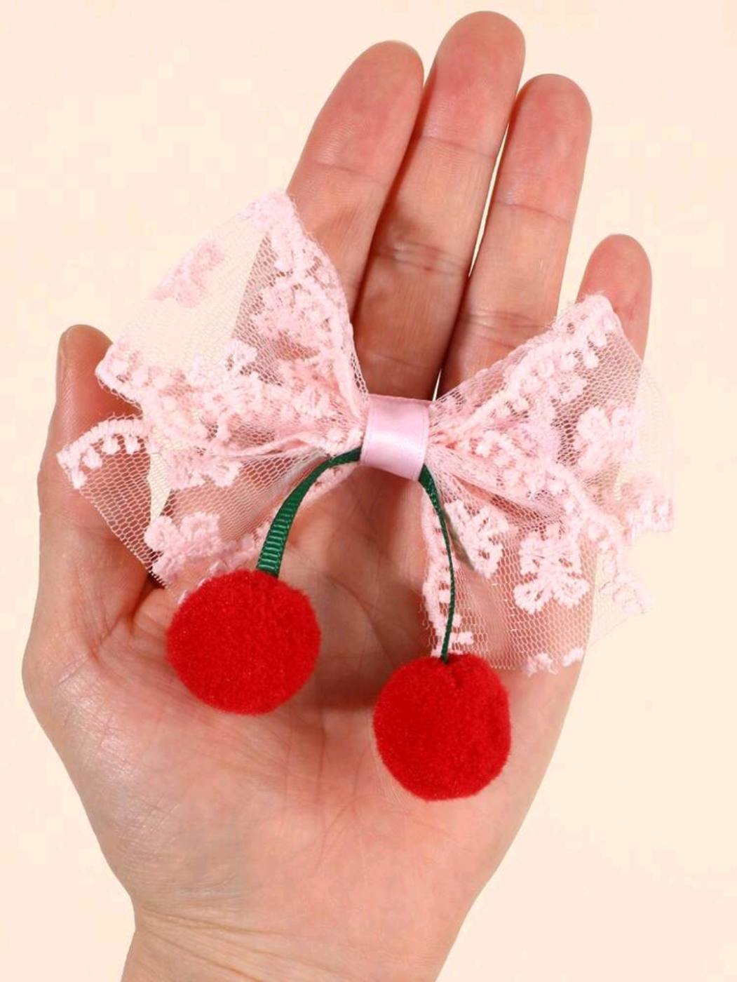 2pcs Pink Bow Cherry Hairclip 